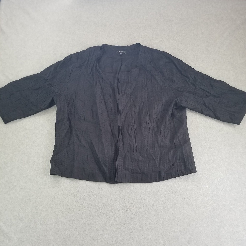Eileen Fisher Jacket Womens XL Black Silk Crinkled Textured Open Front S0ISC-4